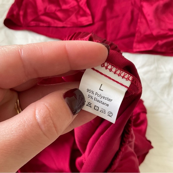 Women Satin Two-Piece Pajama Set Cami Top & Rufle Hem Shorts PJ Set Red Large - Picture 7 of 8